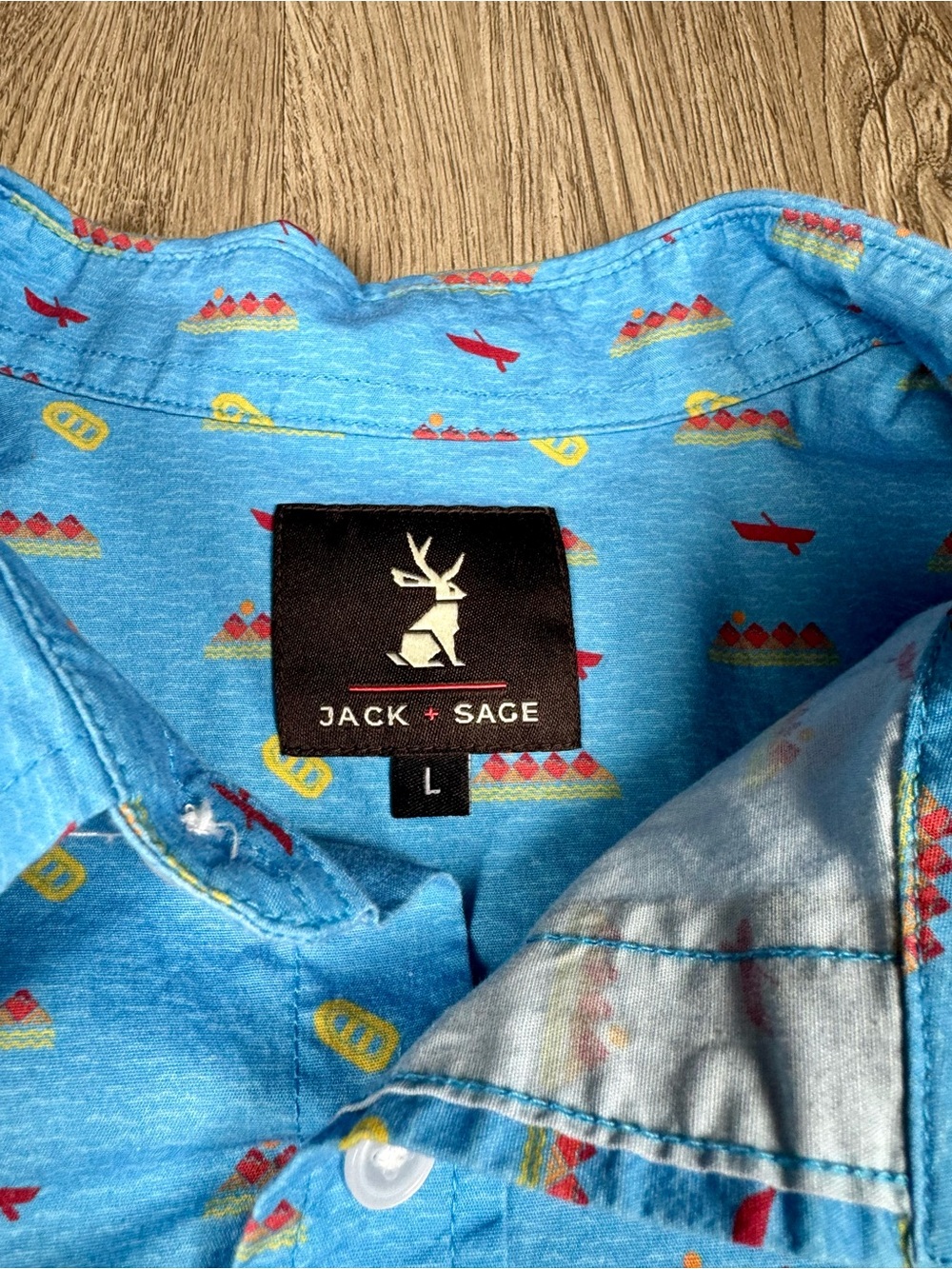Jack + Sage OARS Canoe Mountain Print Button Up Blue Camp Short Sleeve Shirt LG - Picture 3 of 8
